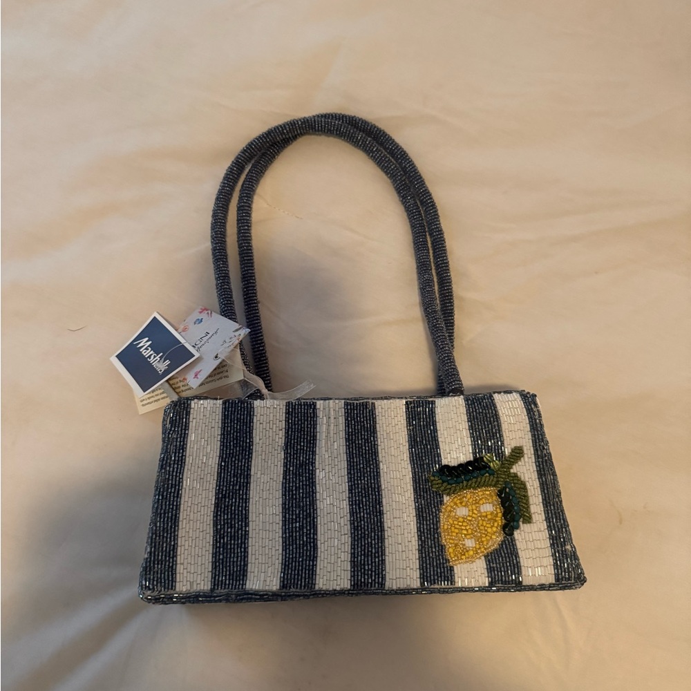 Makie Blue and White Shoulder Bag with Stripes